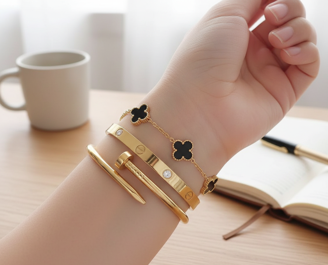 Close-up of gold-tone bangle finish and texture