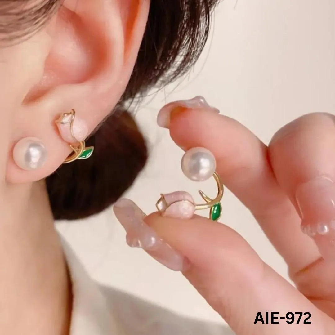Women Flower Pearl Earrings Pink Purple Off White Alloy 2Pcs - Max Store # 