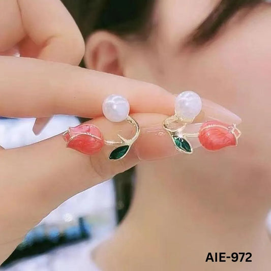 Women Flower Pearl Earrings Pink Purple Off White Alloy 2Pcs - Max Store # 