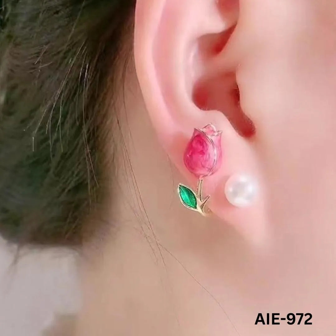Women Flower Pearl Earrings Pink Purple Off White Alloy 2Pcs - Max Store # 