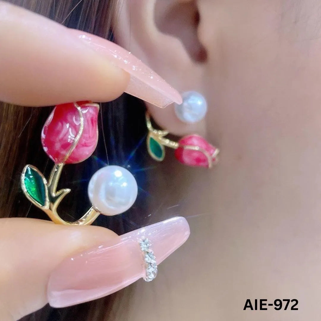 Women Flower Pearl Earrings Pink Purple Off White Alloy 2Pcs - Max Store # 