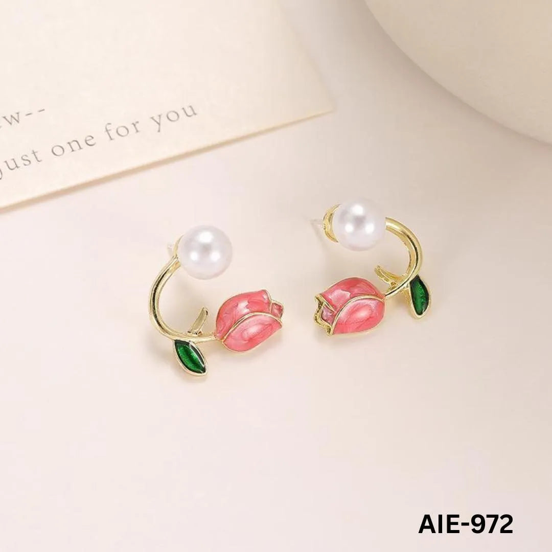 Women Flower Pearl Earrings Pink Purple Off White Alloy 2Pcs - Max Store # 