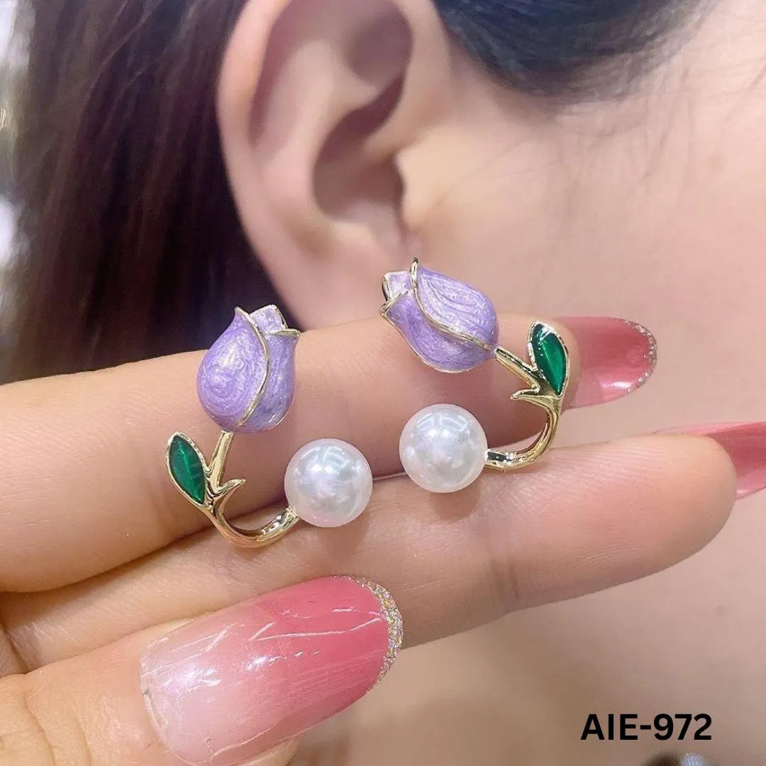 Women Flower Pearl Earrings Pink Purple Off White Alloy 2Pcs - Max Store # 