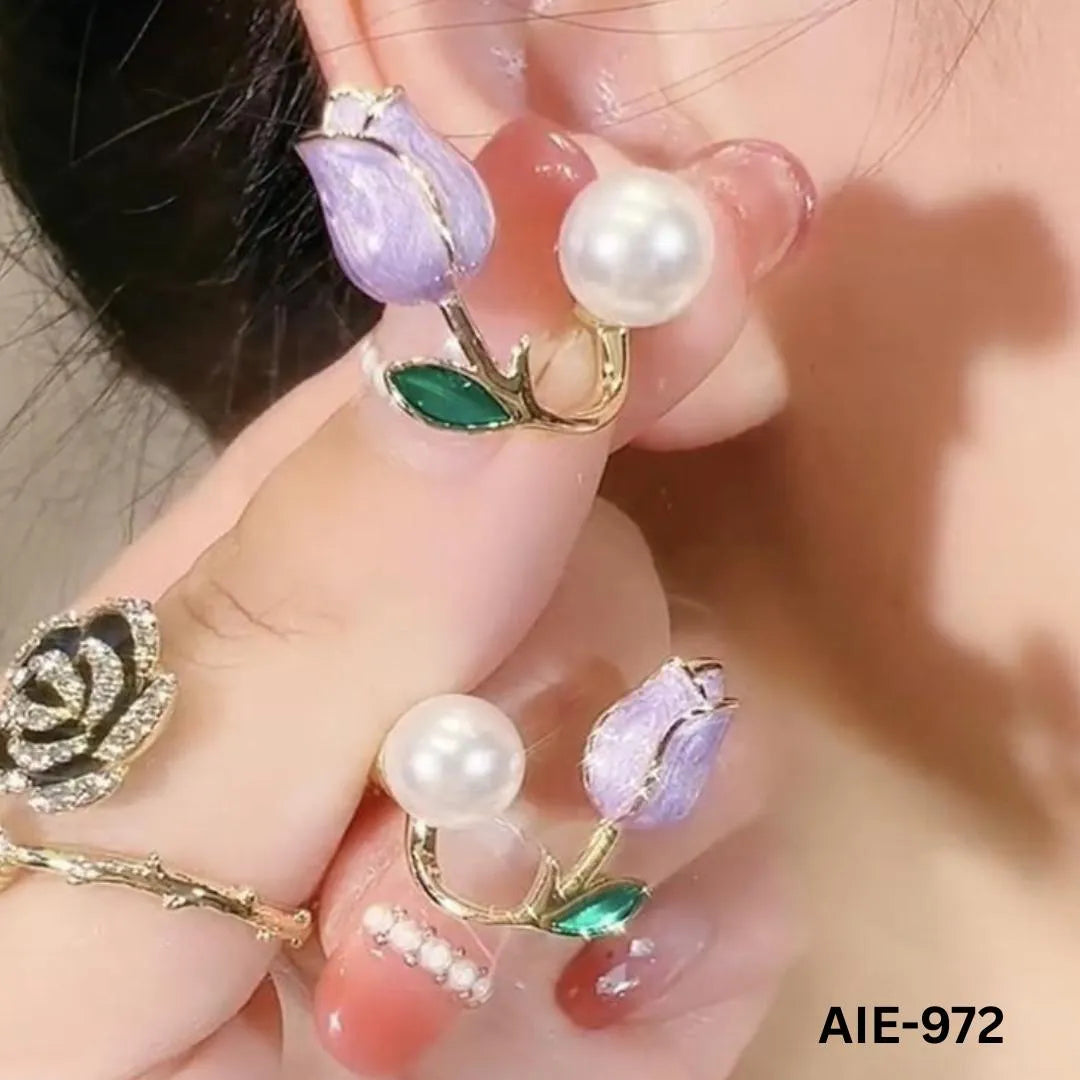 Women Flower Pearl Earrings Pink Purple Off White Alloy 2Pcs - Max Store # 