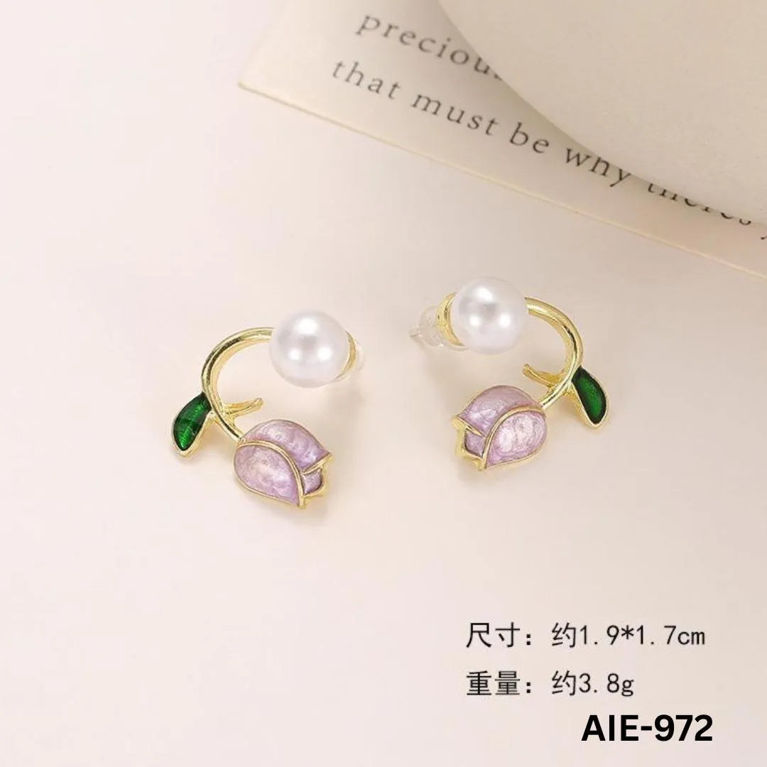 Women Flower Pearl Earrings Pink Purple Off White Alloy 2Pcs - Max Store # 