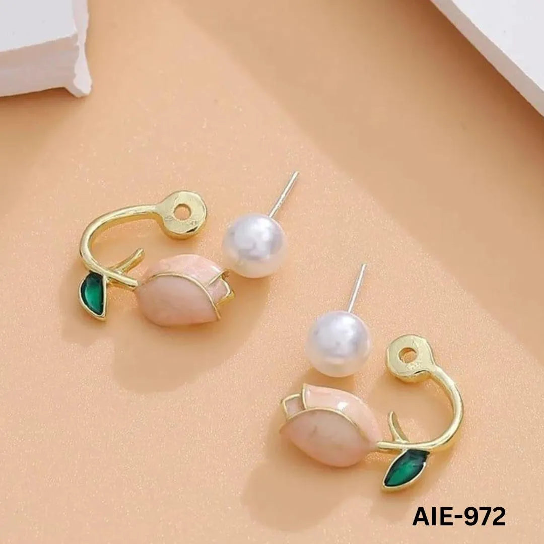 Women Flower Pearl Earrings Pink Purple Off White Alloy 2Pcs - Max Store # 