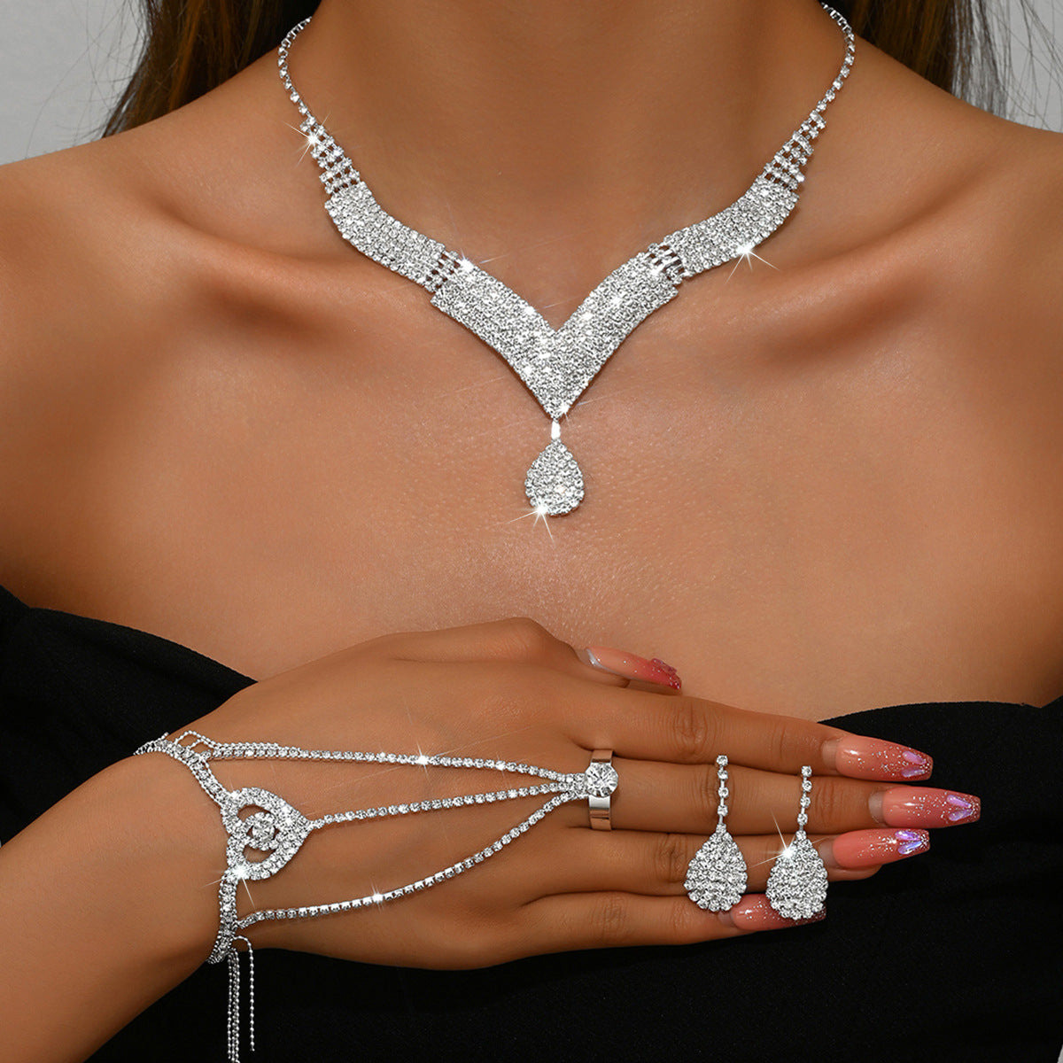 Elegant Bridal Jewelry Set with V-Neck Necklace & Earrings by Max Store