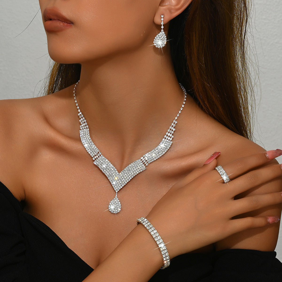 Elegant Bridal Jewelry Set with V-Neck Necklace & Earrings by Max Store
