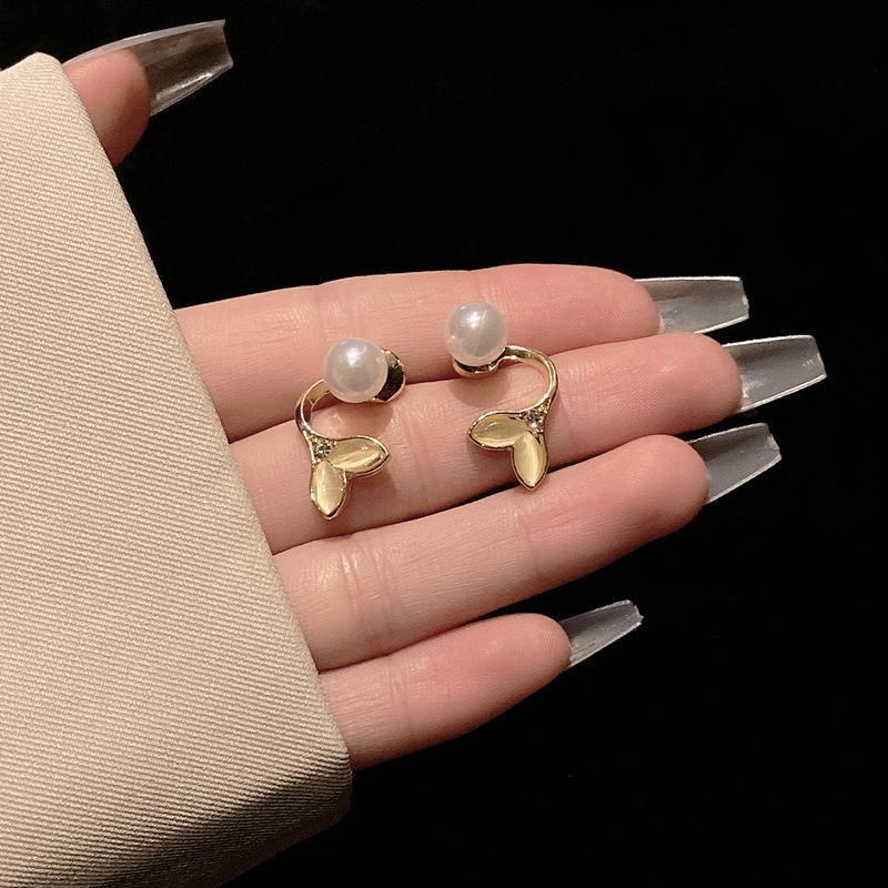 Gold Plated Pearl Leaf Stud Earrings for Women
